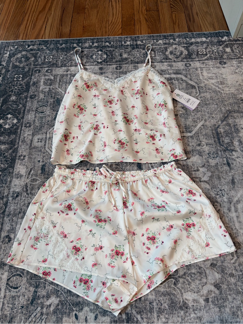Floral Satin Cami & Shorts Pajama Set - Cream with Pink Floral